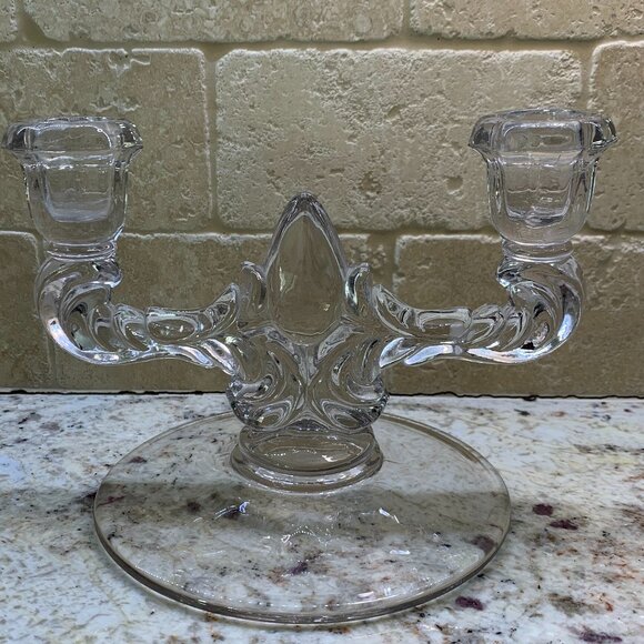 New Martinsville Double Light Candlestick Teardrop - Clear Base, set of 2 - Picture 2 of 6